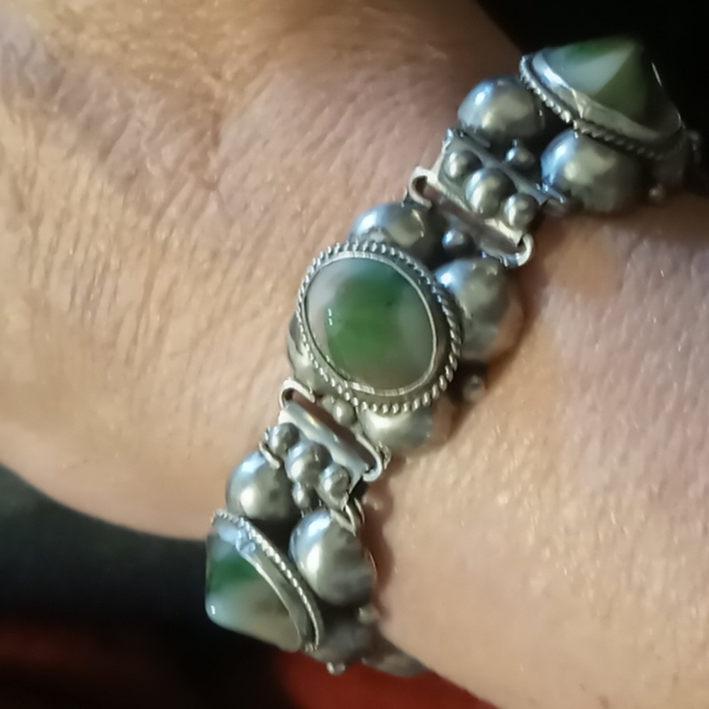 Vintage 1940s Mexican sterling silver calcite cabochon bracelete sz 7 inch long
